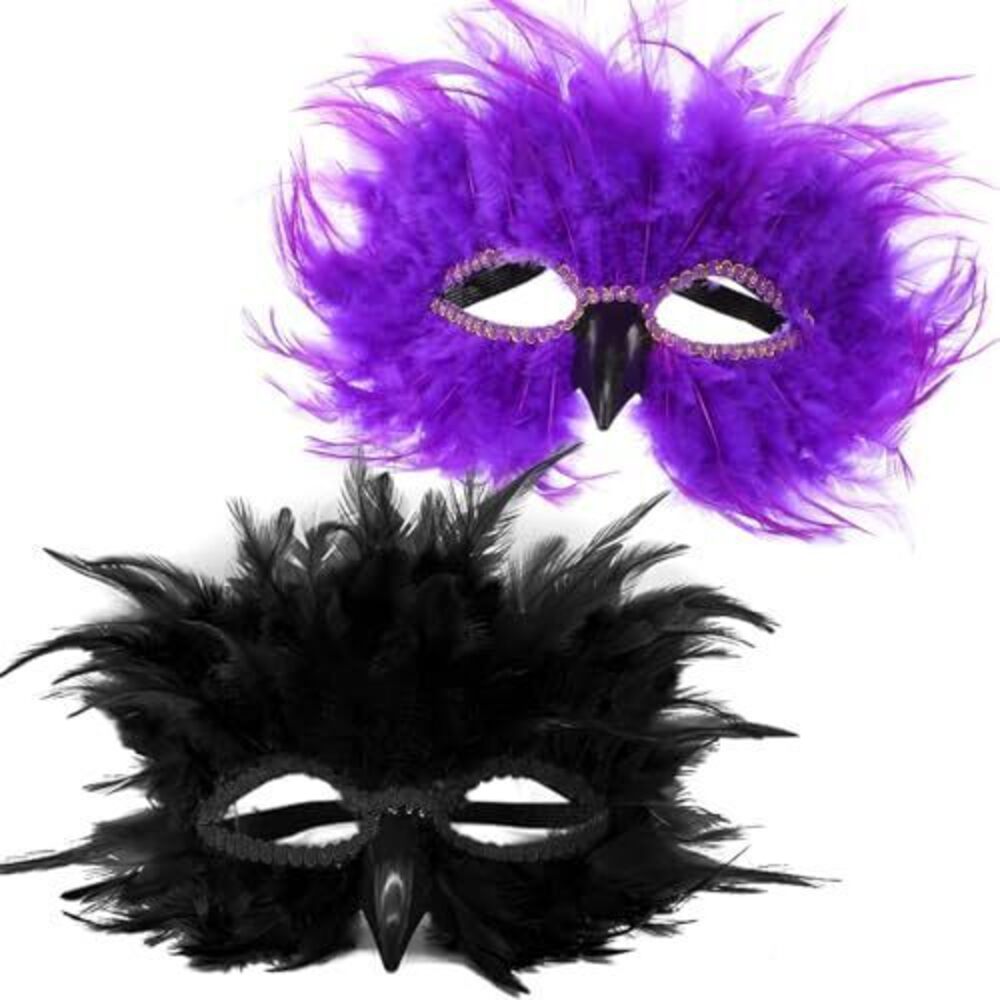 1547 2 Pcs Couple Masquerade Masks Costume Feather Raven Crow Mask Mardi